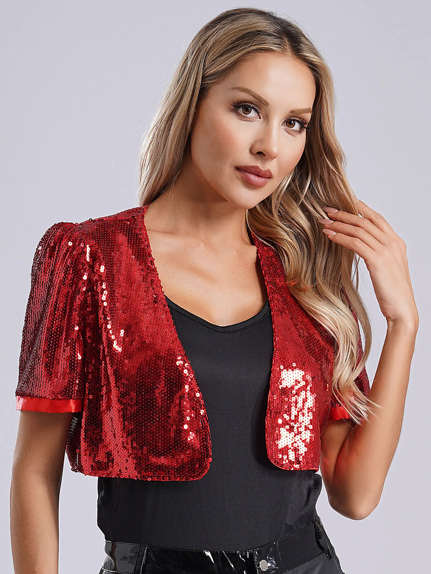 Mulheres glitter lantejoulas recortadas jazz dança clorhes encolher bolero xale outerwear streetwear frente aberta totalmente forro cardigan jaqueta