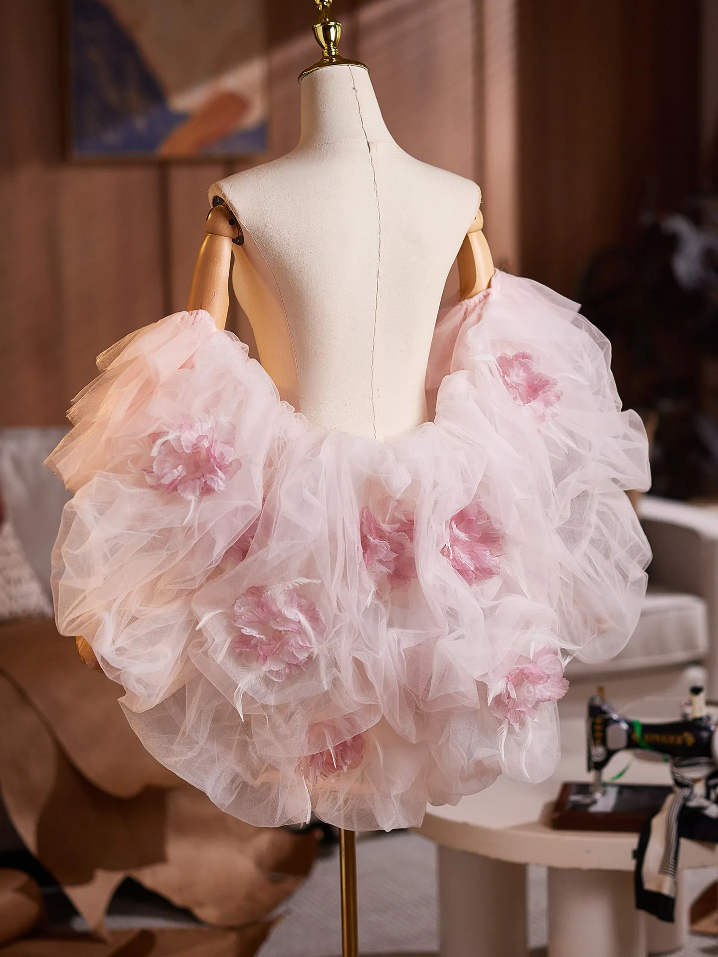 Pink Mesh Handmade Flower Jewelry Large Shawl Design Sense Evening Dress Accessories Performance Show Wedding Accessories