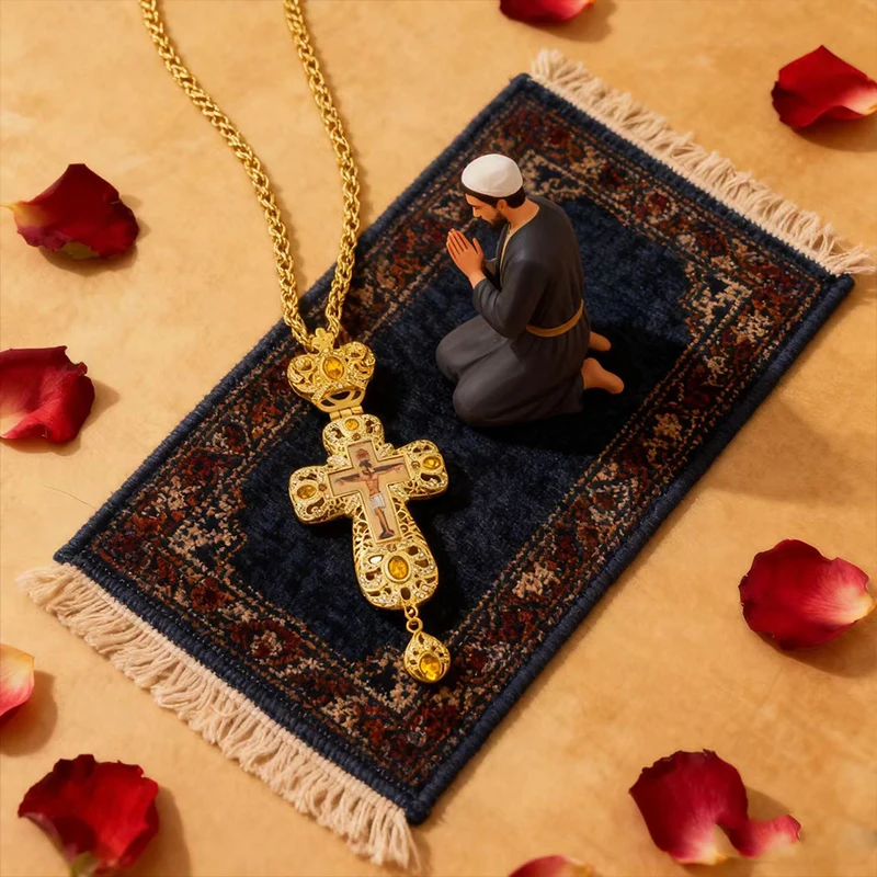 

Eastern Orthodox Gilded Gold Carved Cross Pendant with Diamonds Yellow Crystal Religious Relics Wearing Beliefs Exquisite Gifts