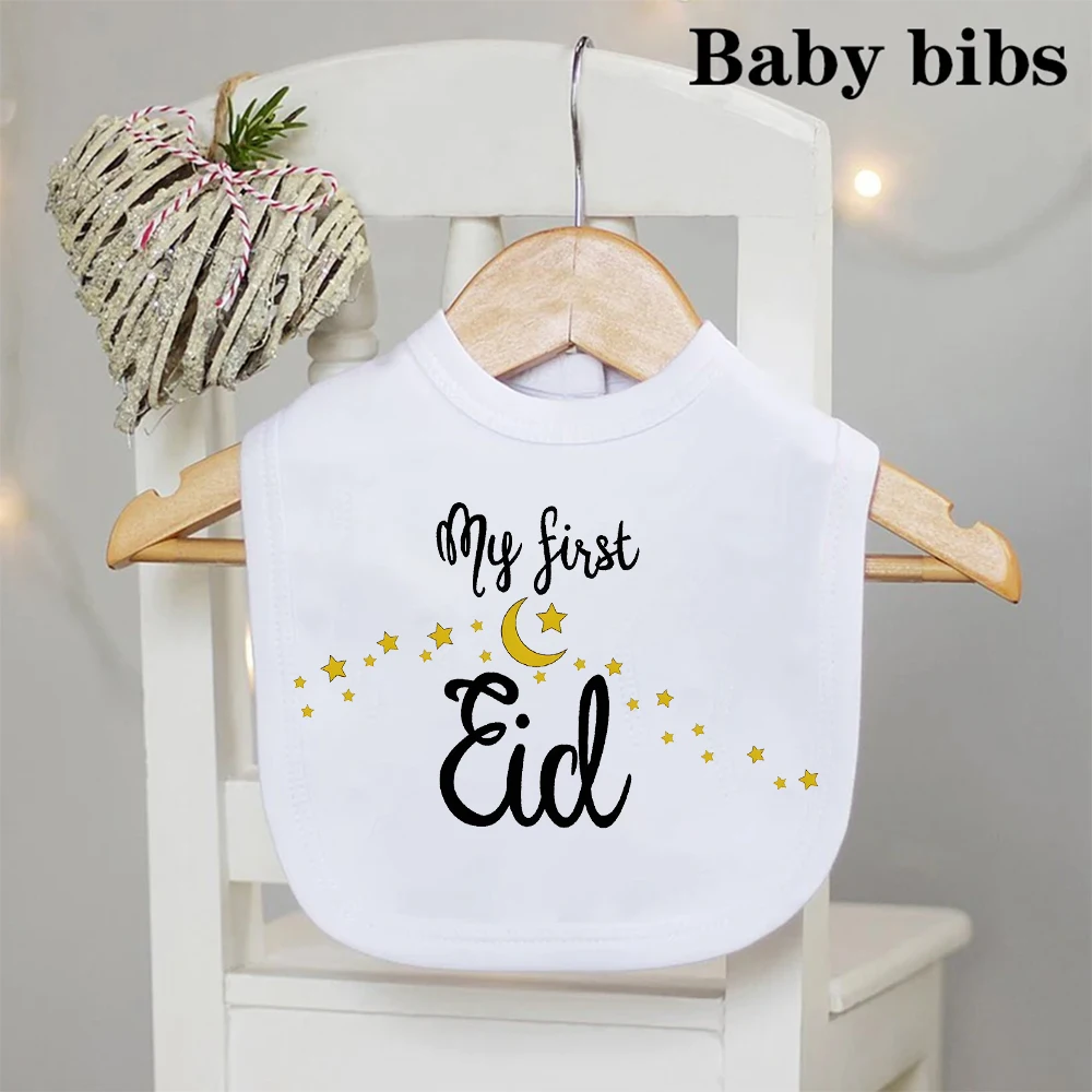 Celemek bayi My First Lebaran cetak bayi Bib anak laki-laki perempuan kain sendawa baru lahir 1sy hadiah mandi Lebaran balita putih katun celemek makan