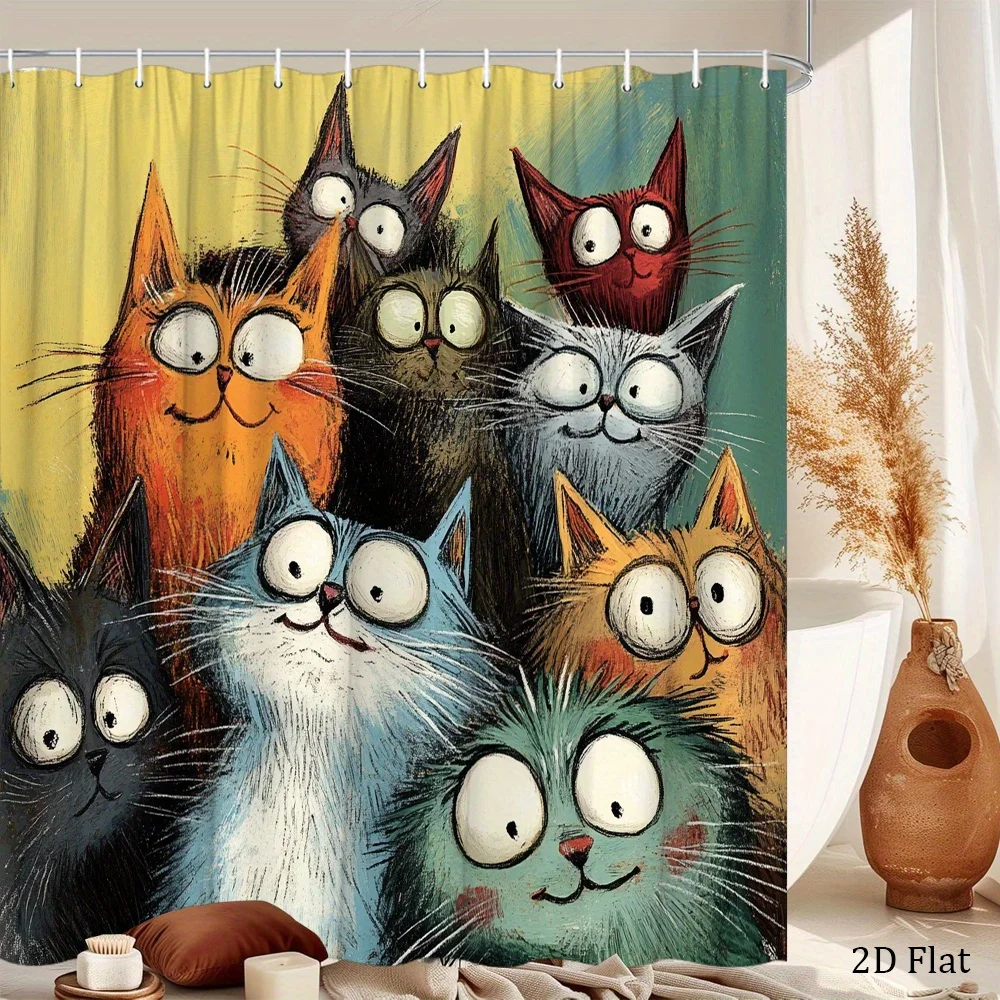 One Piece of a Playful And Funny Shower Curtain Featuring Cartoon Cats, Made from Colorful Polyester Fabric, Includes 12 Hooks,