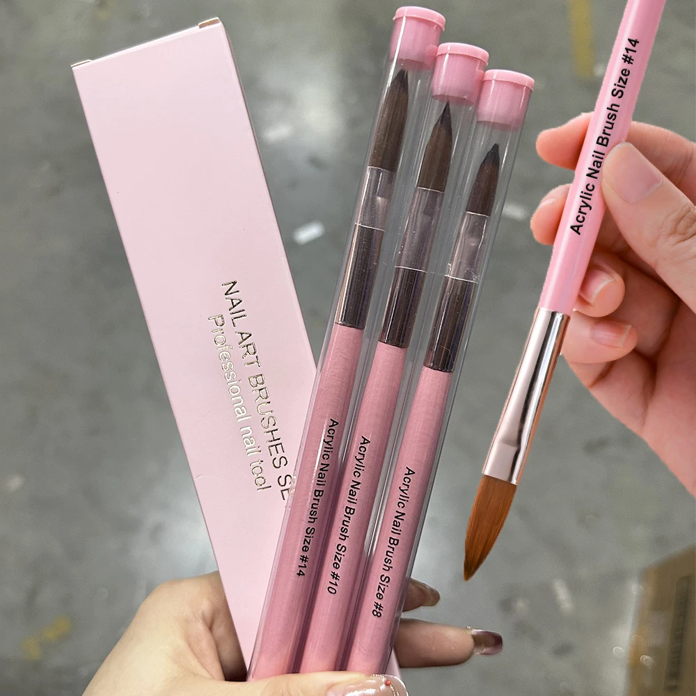 3Pcs 8/10/14# Kolinsky Acrylic Nail Brush Poly Extension Gel Brush Nail Polish Carving Pen Pink Wooden Rod Nail Art Crystal Pen