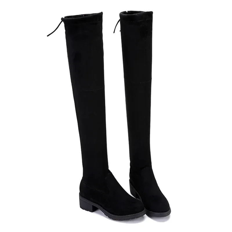 Women Boots Winter Black Over The Knee Boots 2024 New Comfort Lace Up Chunky High Heels Shoes Fashion Warm Suede Round Toe Boots