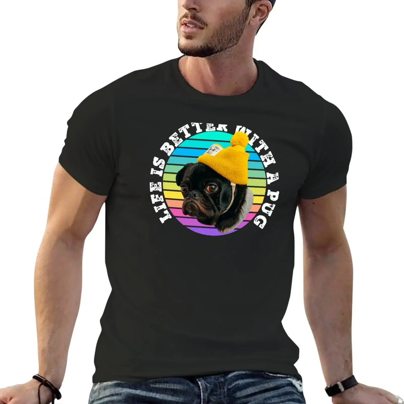 life is better with a pug T-Shirt cotton man t-shirts shirts graphic tees funny shirt cotton mens big and tall t shirts