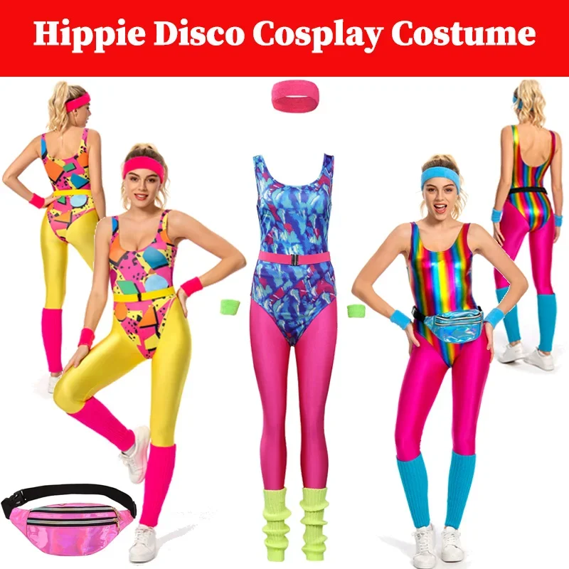 70s 80s Women 6pcs/set Tight Jumpsuit Hippie Disco Cosplay Sportwear Retro Vintage Yoga Fitness Clothes Halloween Carnival SY^0!