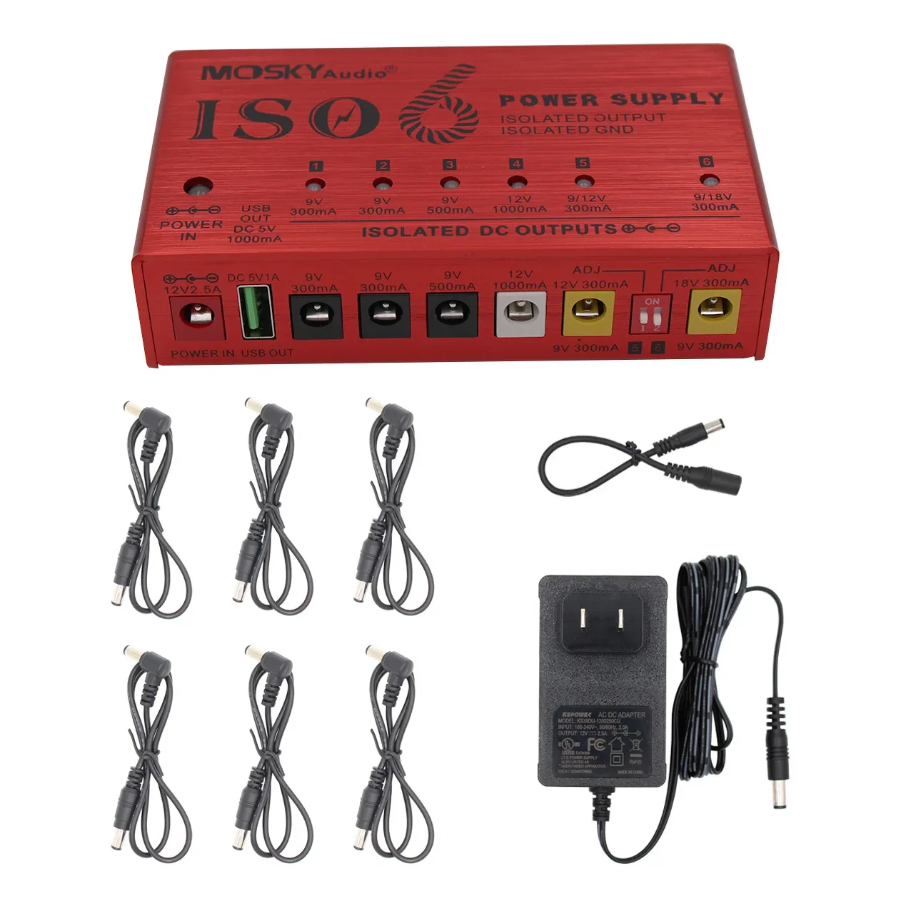 Mosky ISO-6 Guitar Effect Pedal Power Supply 6 Isolated DC Outputs/5V USB Output for 9V 12V 18V Guitar Pedal