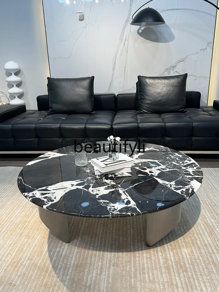 Italian light luxury natural luxury stone Bulgari black round coffee table minimalist marble stainless steel coffee table