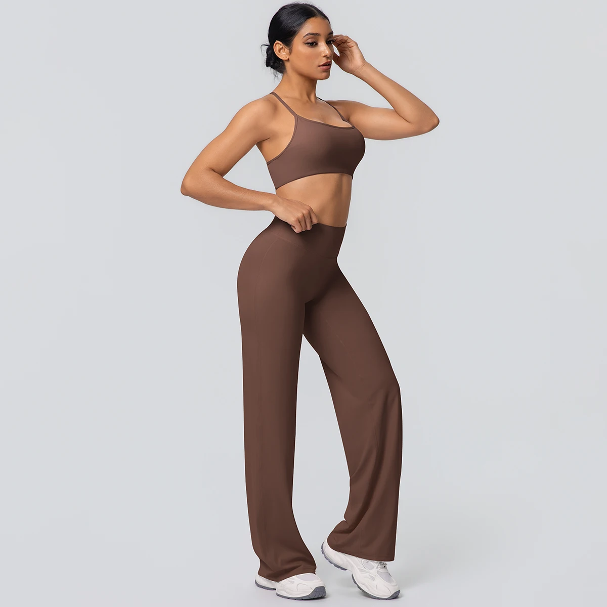 Frauen Gym Sport Yoga Anzug Sexy Schöne Zurück Yoga Unterwäsche Mit Brust Pad Einfarbig Hohe Taille Breite Bein Hosen Yoga Set – Detail 8