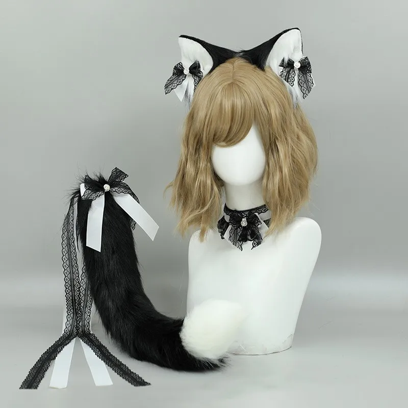 Cosplay Cat Ears and Tail Lolita Acessórios Set, Plush Cat Ear Lugs para menina, Simulação Anime Headband, Fox Dog Ears Costume