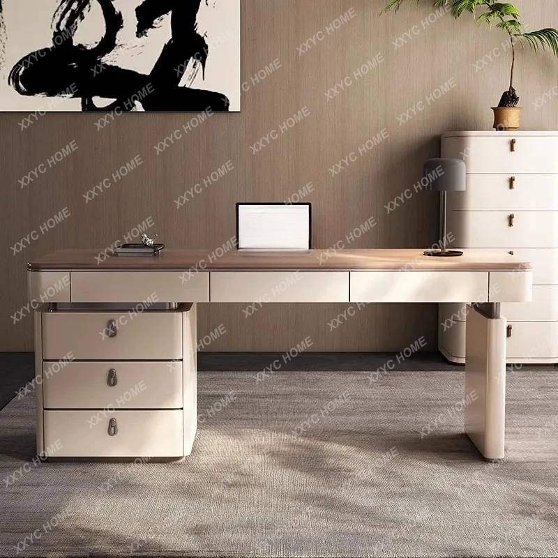 A Light Luxury Mid-Ancient Walnut Solid Wood Desk Study Desk Office Straight Row Computer Desk