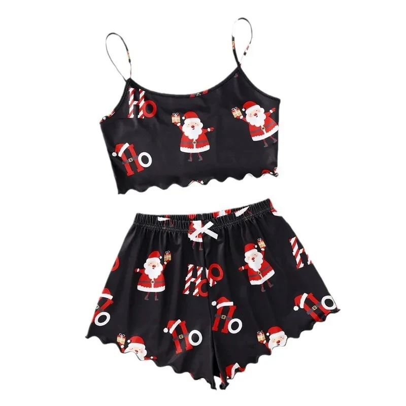 Women Christmas Santa Claus Crop Tops Strap Snowman Tees Nightclothes Pyjamas Nightgown Shorts Shirts Suit Casual Suits Sets