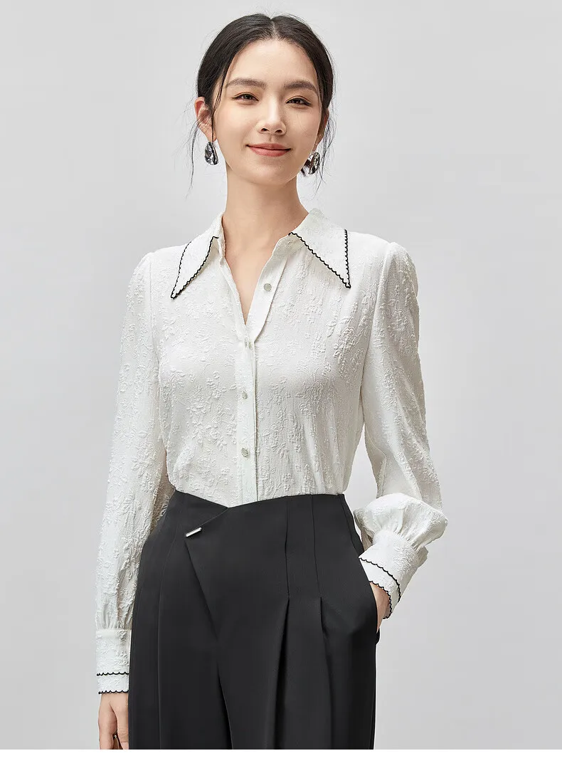 SENTUBILA White Jacquard Women's Shirts 2025 Spring Autumn New Commute Elegant Slim Spliced Single Breasted Blouses 143C55751