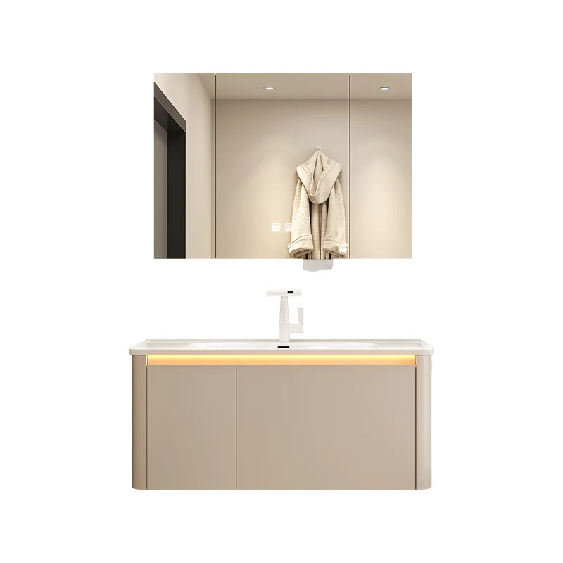 

Solid wood bathroom cabinet induction ambient light sink integrated cabinet side storage