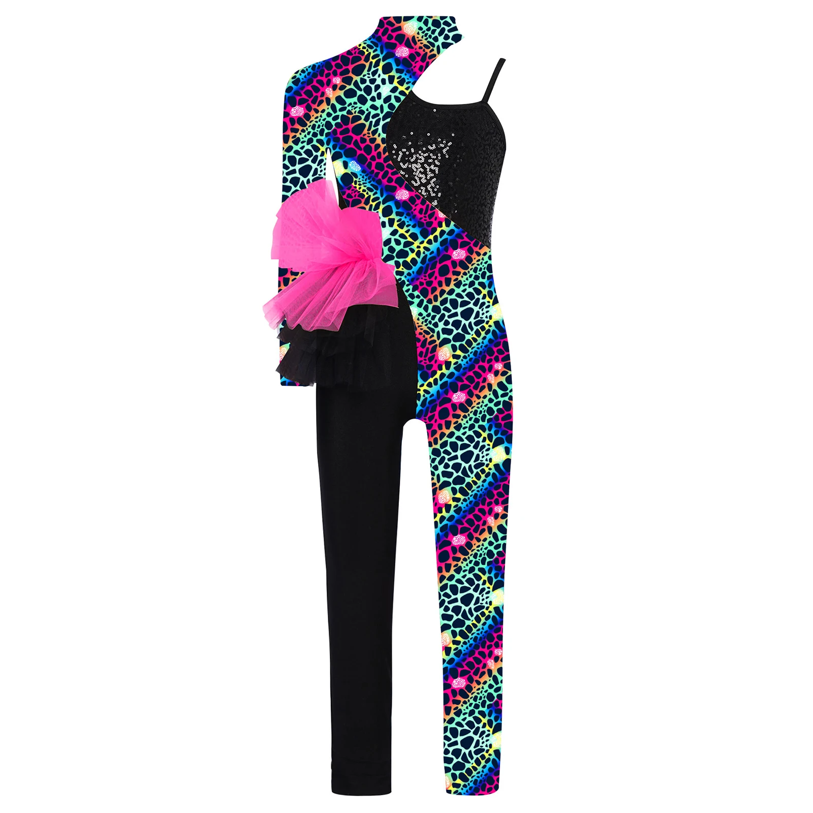

Kids Girls Elegant Gymnastics Dance Costume Long Sleeve Color Block Patchwork Latin Jazz Bodysuit Dance Show Competition Leotard