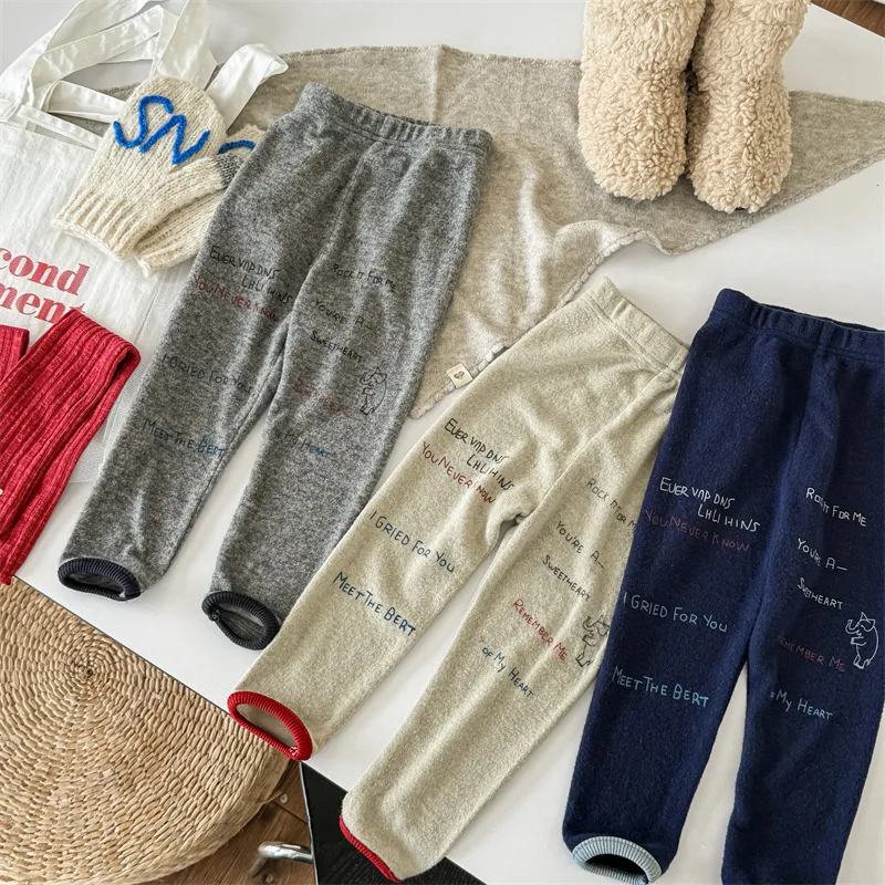 2025 Winter New Children Warm Pants Girls Thick Leggings Letter Print Baby Trousers Kids Warm Leggings Infant Clothes