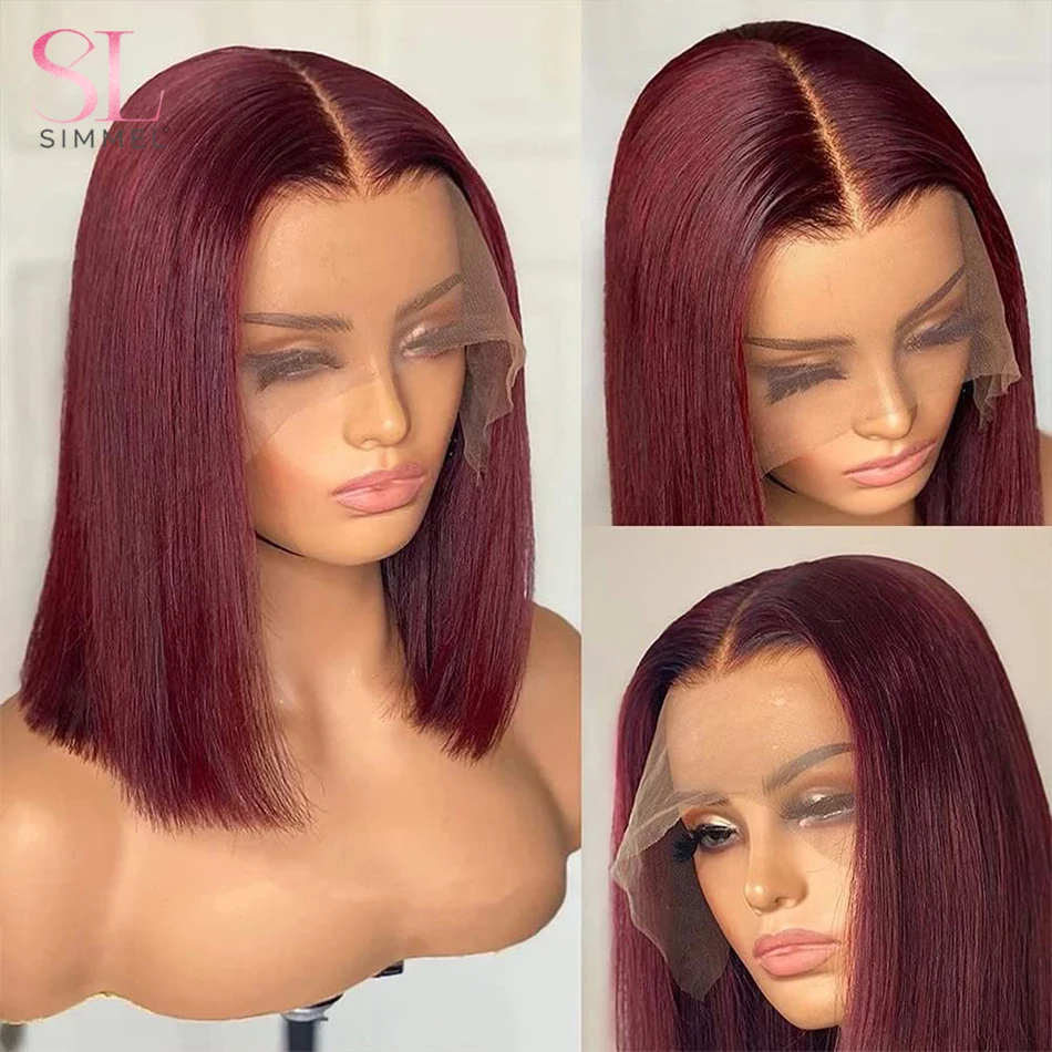 99j vermelho bob perucas de renda frontal cabelo humano pré arrancado curto em linha reta bob peruca brasileira remy cabelo 13x4 peruca do laço no selo folga