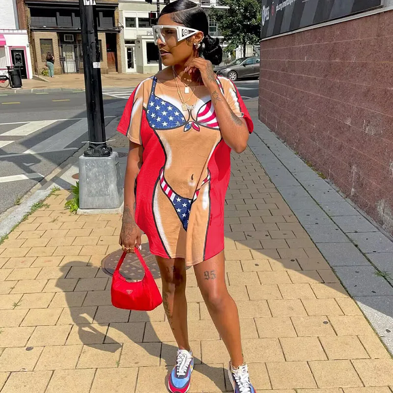 

Streetwear Body Print T-shirt Dress for Women O-neck Short Sleeve Loose Casual Dresses Club Party Mini Summer Dress Dropshipping