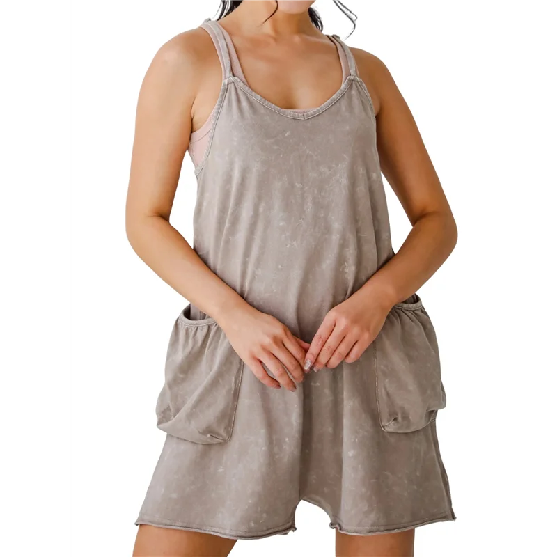 

A83F-Womens Summer Casual Sleeveless Rompers Loose Spaghetti Strap Shorts Overalls Outfits Jumpsuits With Pockets