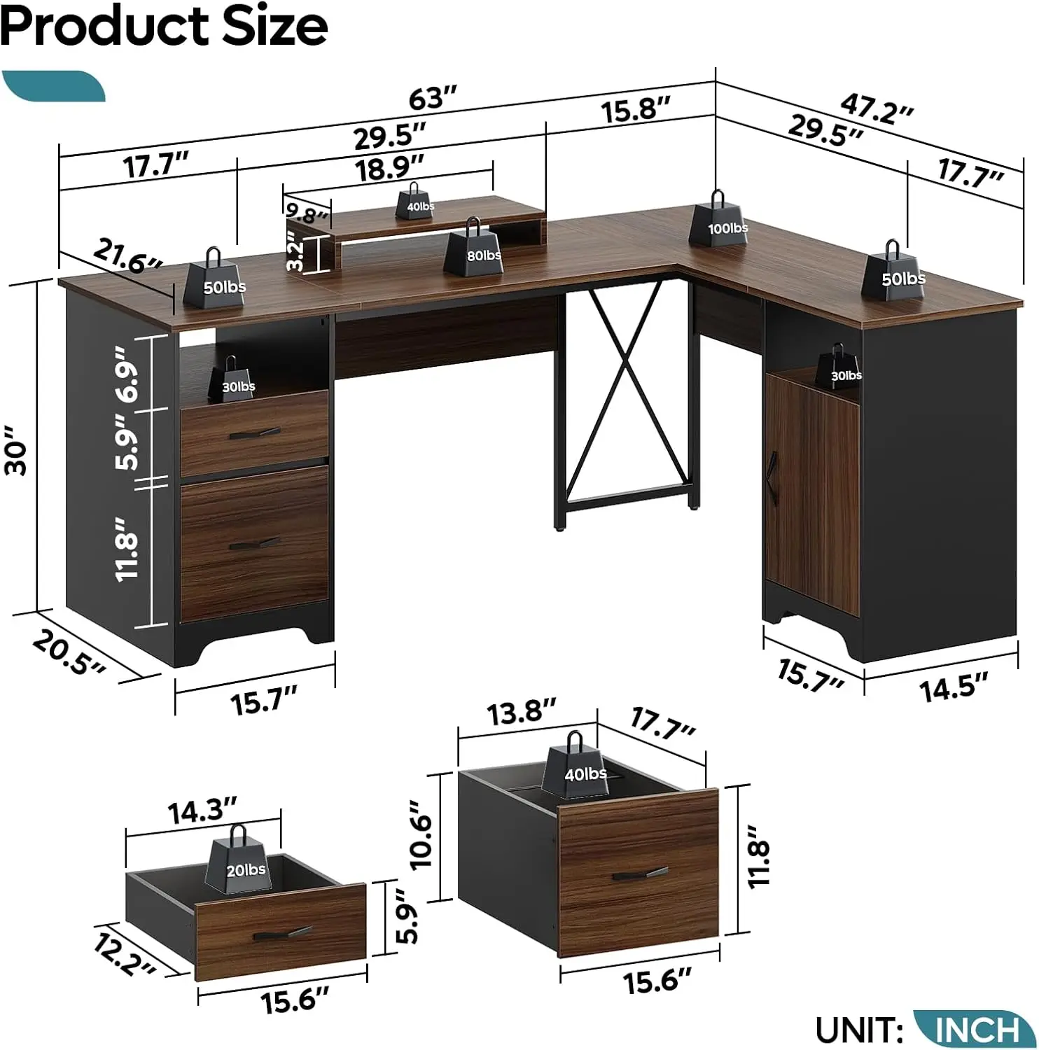 Shaped Desk with File Drawers, Office Computer Desk with Storage Cabinet, Corner Desk with Monitor Stand