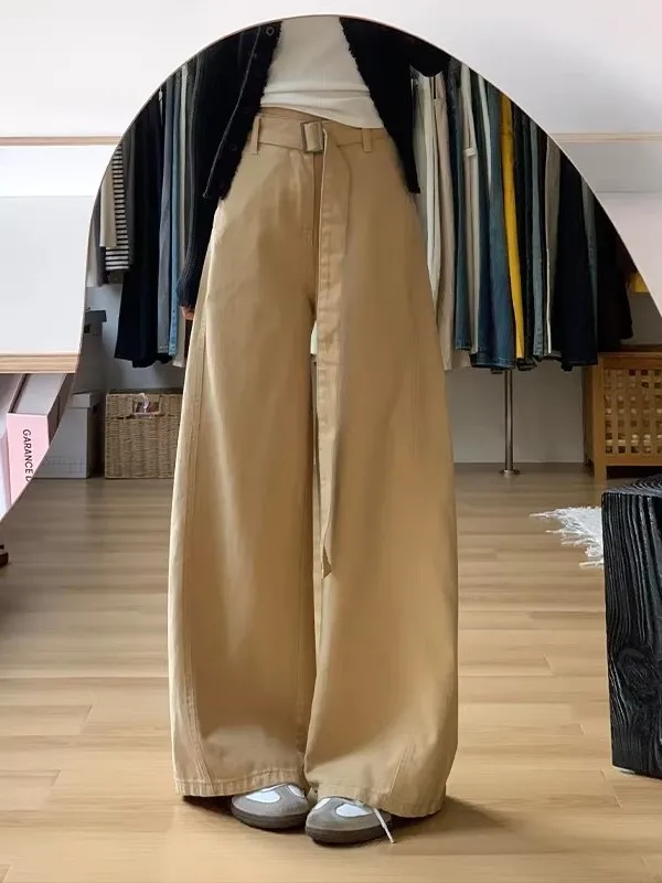 

American Retro Waist Belt Khaki Wide Leg Jeans Women's New High Waist Loose Slimming Casual Pants Commute Style Washed Denim