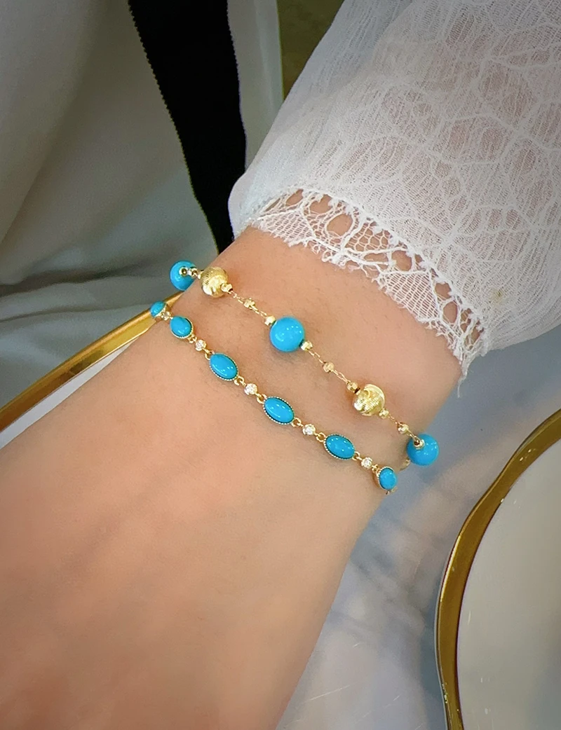 LUOWEND 100% 18K سوار ذهب أصفر حقيقي الفيروز الطبيعي سوار من الأحجار الكريمة أنيقة لطيف نمط عالية مجوهرات الحفلات للنساء