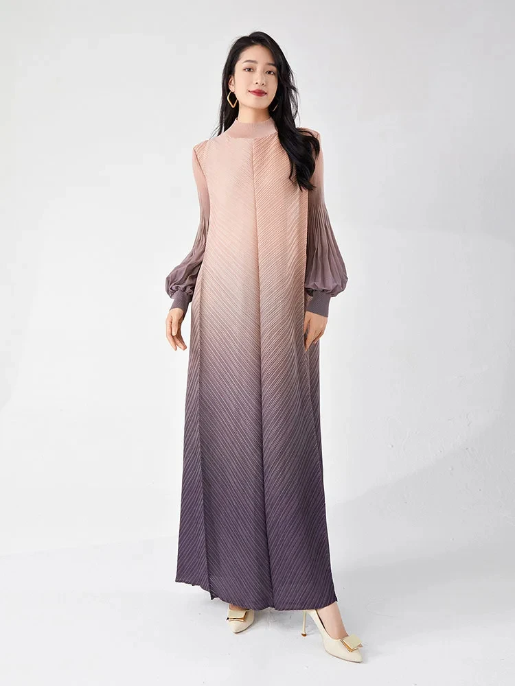 ANLAN Fashion Pleated Gradient Dress For Women Turtleneck Lantern Sleeve Ankle-length Dresses 2024 Summer New Clothing 2Z1892