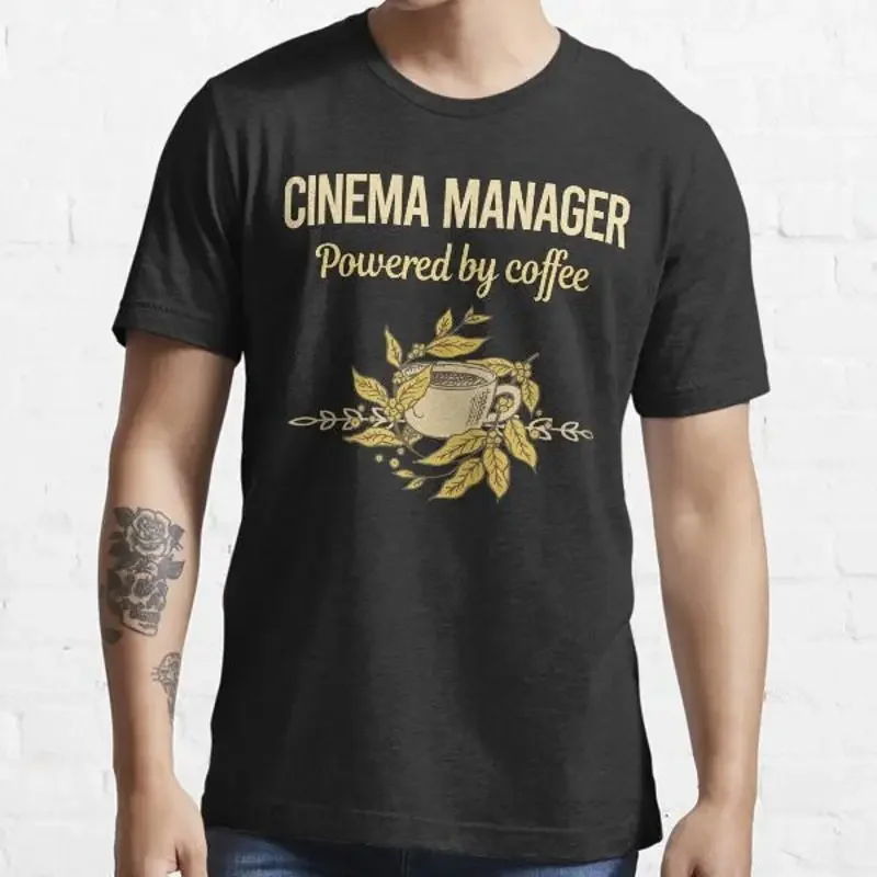 Powered By Coffee Cinema Manager Essential Black Men T Shirt Size S to 5XL