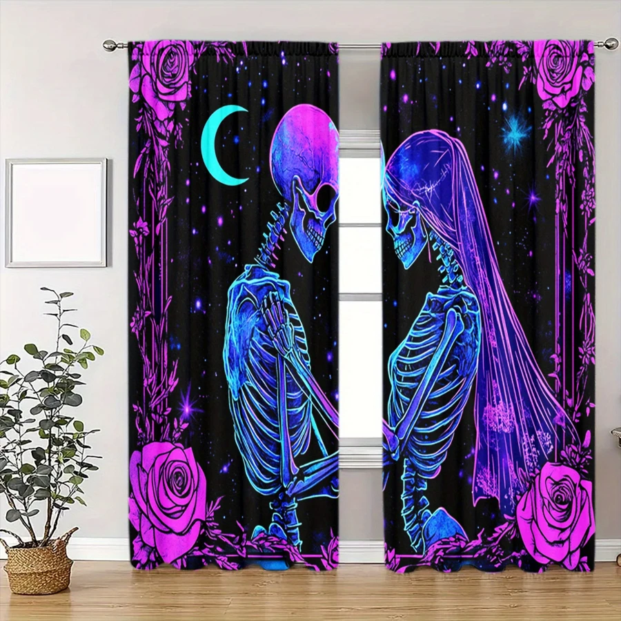 2PCS Digital Printed Curtains, Neon Blue Purple Skeleton Lovers Moon Roses, Cyberpunk Gothic Romantic Halloween Window Decor