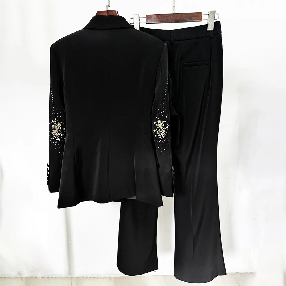 TWOTWINSTYLE Casual Spliced Diamonds For Women Lapel Long Sleeve Blazer High Waist Pants Temperament Set Female Fashion Clothing