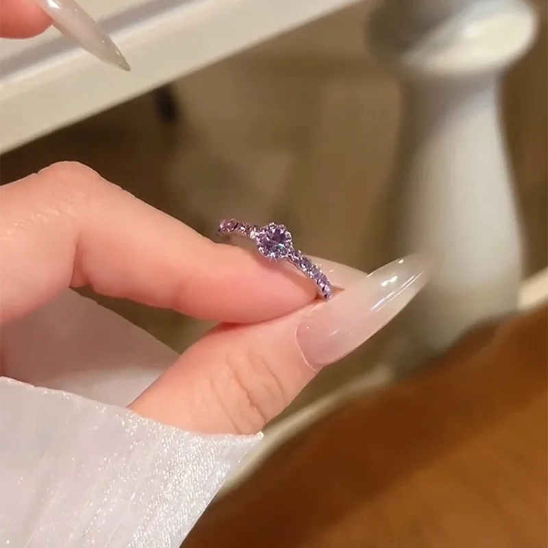 New in trend full diamonds purple gemstone rings for women cute light luxury layering style fashion ring jewelry accessories