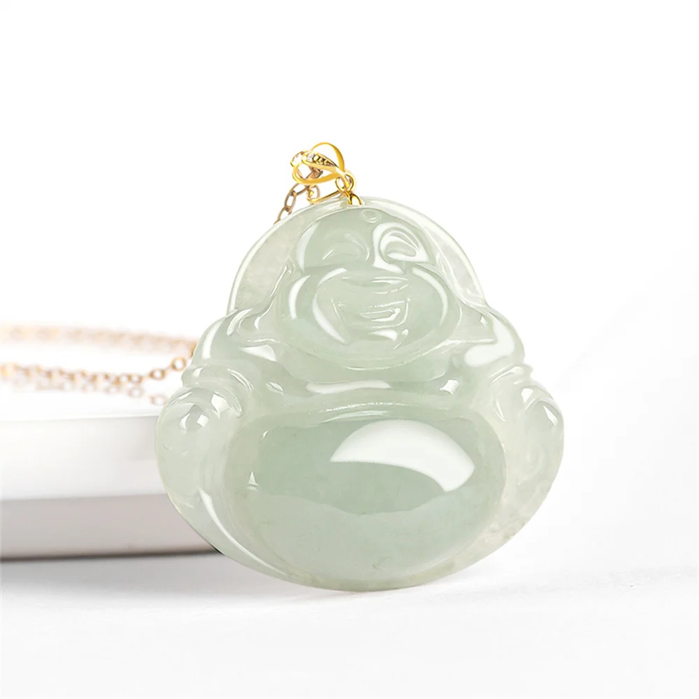 18K Gold Natural Ice Green Jadeite Carved Laughing Buddha Lucky Pendant Amulet Necklace Certificate Luxury Jade Trendy Jewelry