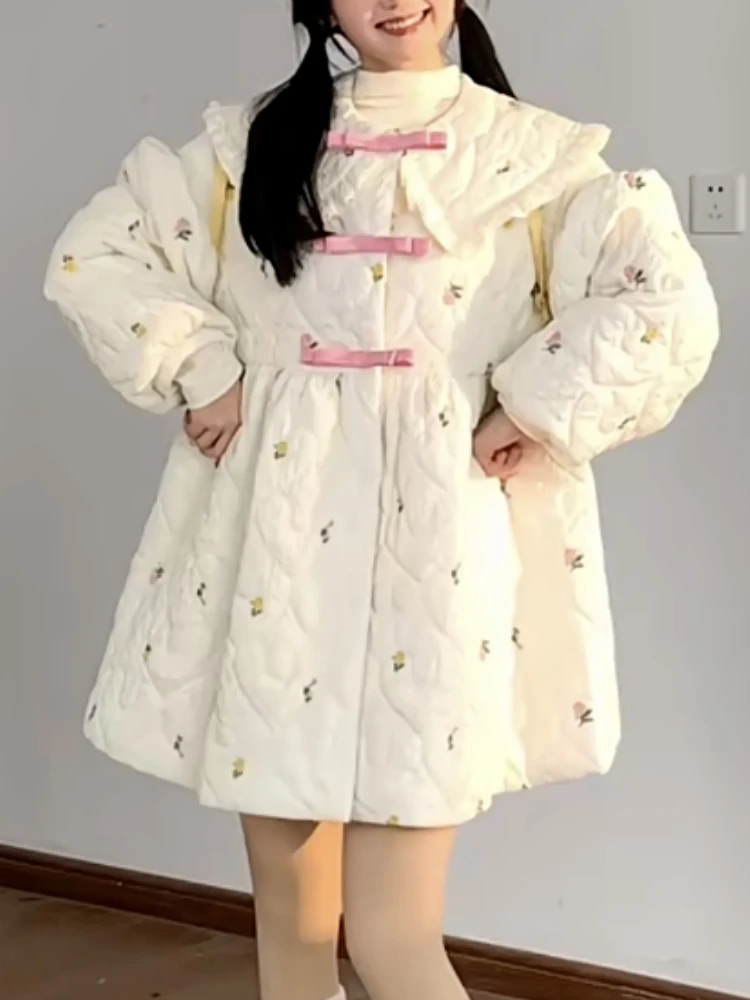 Winter Kawaii Parkas One Piece Dress Women Peter Pan Collar Sweet Loose Dress Female Korean Fashion Chic Warm Clothes 2024 New