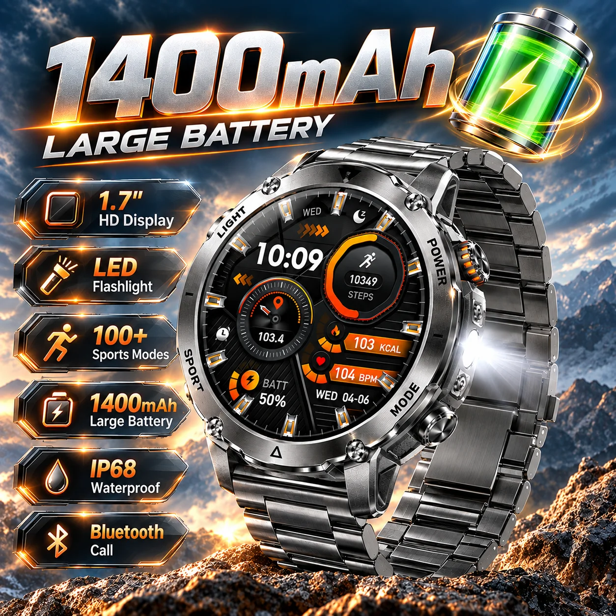 LIGE, nouvelle montre connectée avec une grande batterie de 1400 mAh, écran HD de 1,7 pouces, fonction SOS, lumière rouge et lampe de poche à LED, appels Bluetooth, moniteur de santé.
