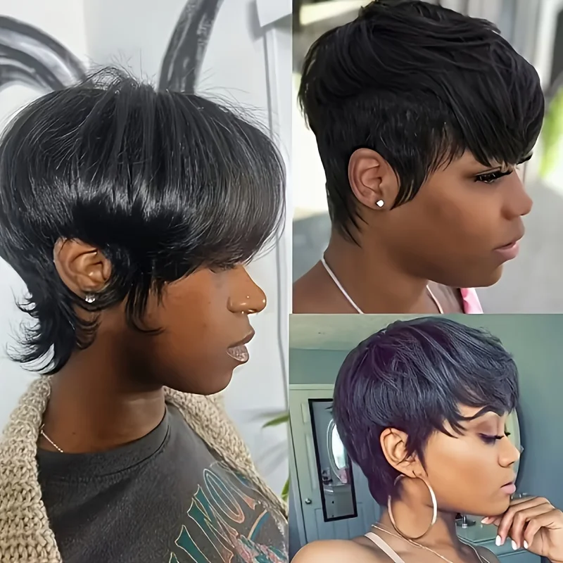 

Короткий прямой парик с стрижкой пикси для чернокожих женщин, натуральный черный парик боб с челкой, машинное производство, бразильские парики из человеческих волос Remy
