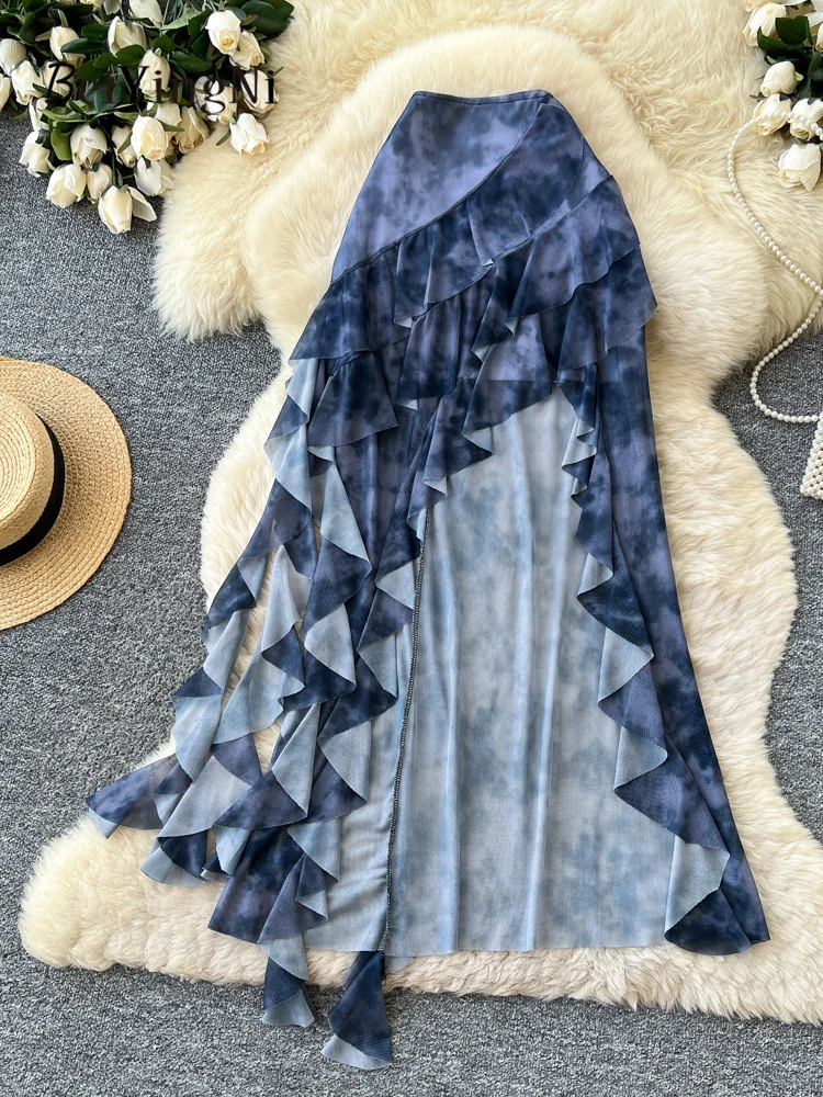Beiyingni Kpop y2k Maxi Skirts Women Vintage Street Tie Dye Ruffles Irregular Long Skirt Female Casual Newest Summer Sexy Skirt