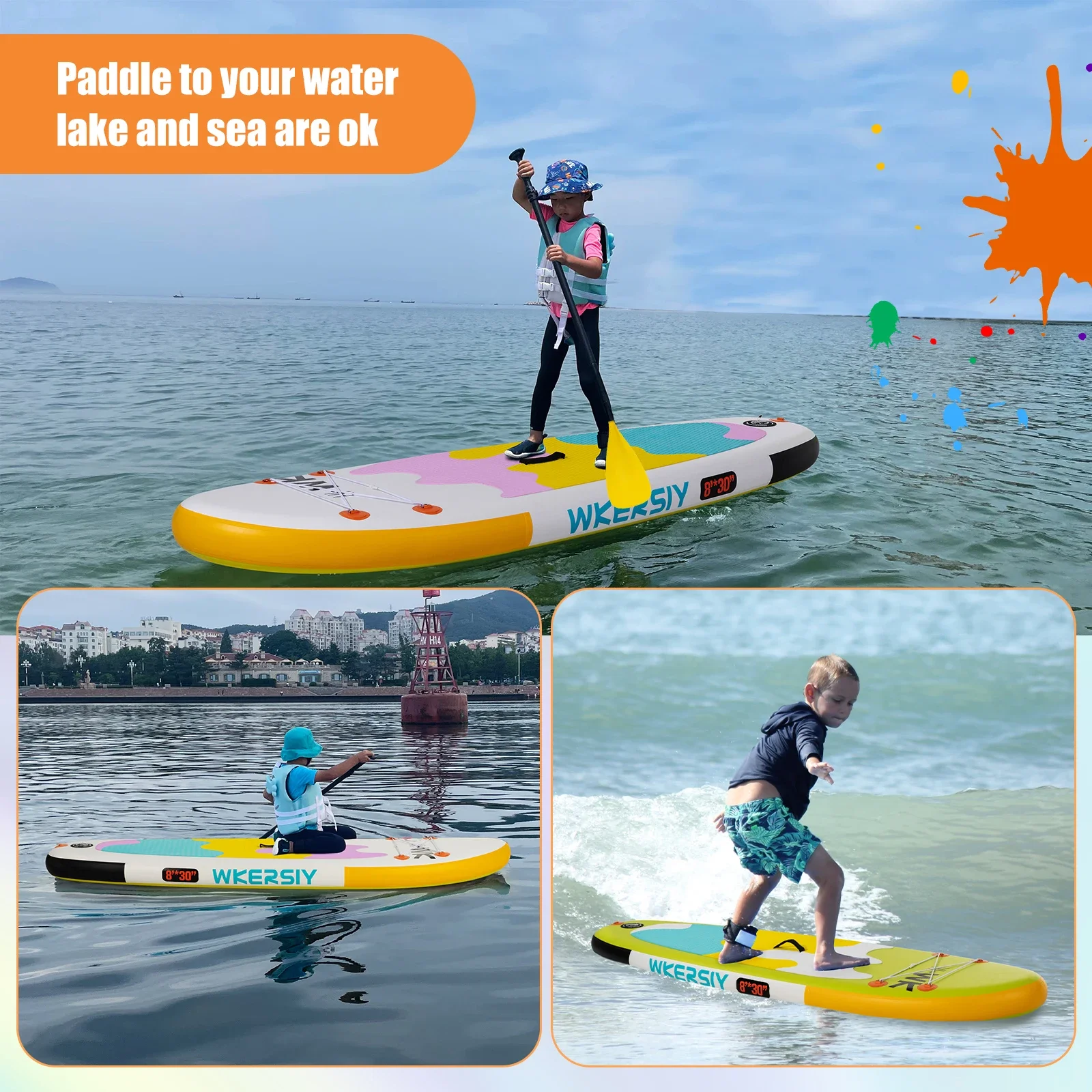 Aufblasbares Stand-Up-Paddle-Board für Kinder, 8'x30''x6' SUP-Paddleboard mit Paddel, Pumpe und