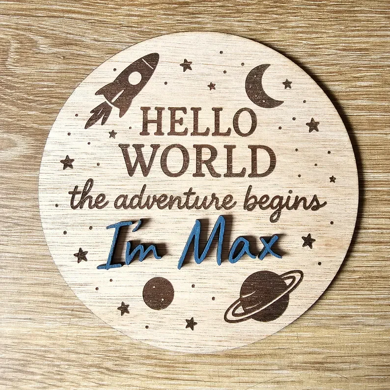 Custom Hello World Baby Announcement Wooden Sign, Personalized Space Newborn Milestone Plaque, Round Wood Photo Prop for Baby