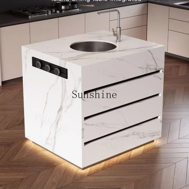 

Light luxury rock slab separate mid-island table integrated kitchen restaurant bar table