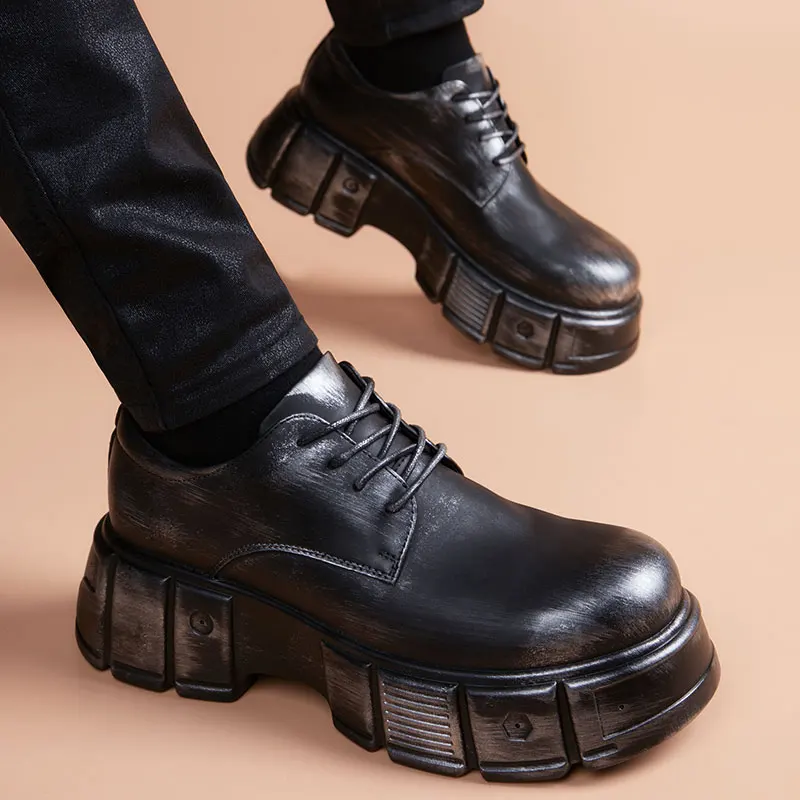 

mens fashion party prom dress platform shoes lace-up original leather oxfords shoe black stylish rivets sneakers youth footwear