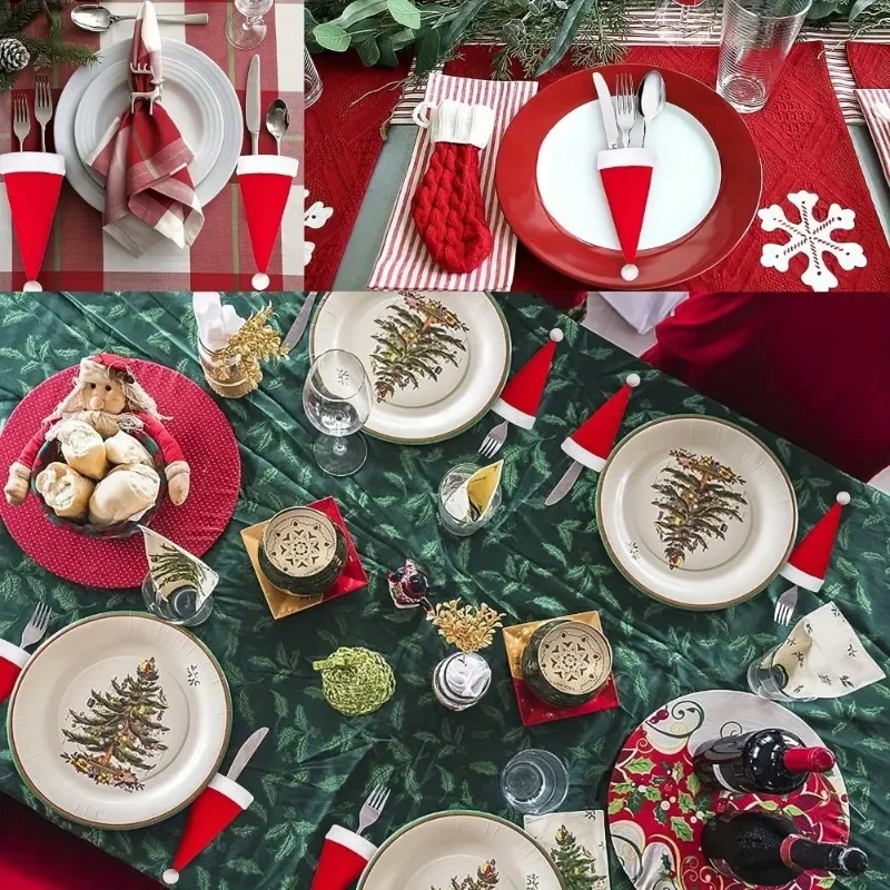 

10pcs Christmas Decorations Mini Santa Hat Red Non-woven Cutlery Set Wine Bottle Set Christmas Mini Hat