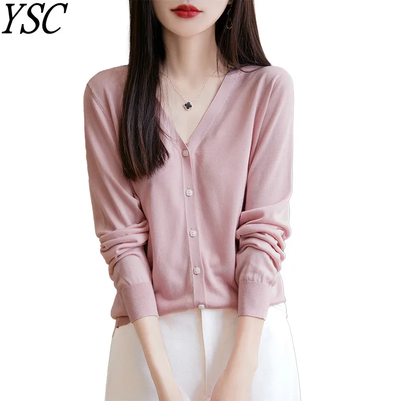 

2024 Women's 100% Knitted Lyocell material Sweater Cardigan V collar Long sleeved Cool breathable Hollow Loose Style Cardigan