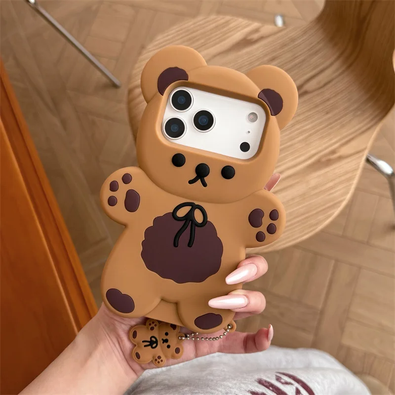 3D Cartoon Bear Soft Silicone Phone Case For iPhone 17 Air 16e 15 13 14 12 11 Pro Max Mini XS XR X 7 8 Plus Shockproof Cover