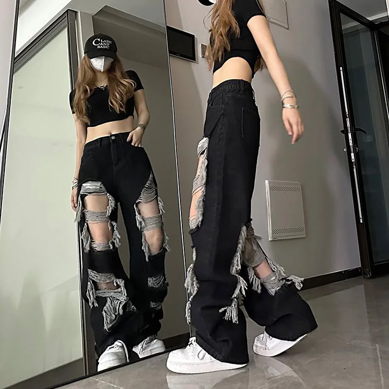 Black Ripped Jeans Women Fashion Dark Academic Harajuku Y2K Irregular Pants American Loose Chic Gothic Bf Casual Demin Trousers