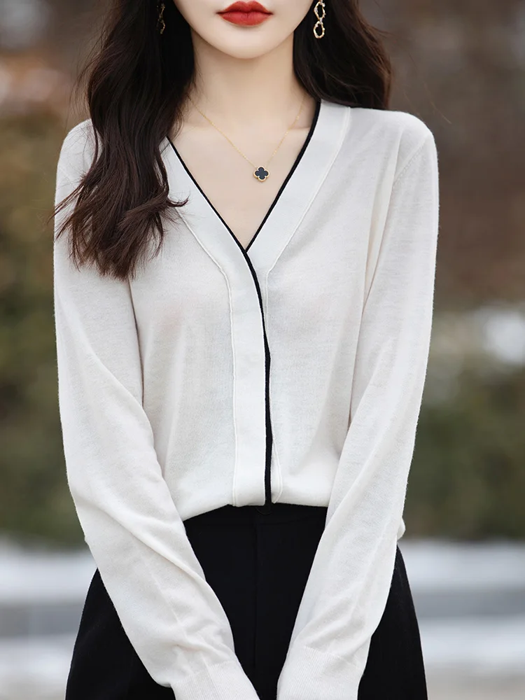 

Spring Autumn Fine Imitation Wool Single Breasted V-neck Cardigan Fashion New Double Door Forbidden Knitted Sweater Women's Top