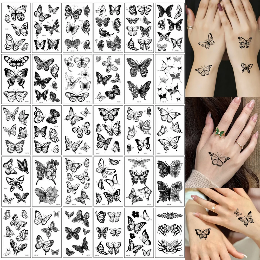 

30 Sheets Butterfly Temporary Tattoos Waterproof Black Flower Tattoo Stickers for Women And Men Hand And Body Decor