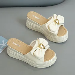 Summer Women High Heels One-word Flat Slippers Bow knot Height Increasing Slides Woman Outdoor Thick Sole Shoes Platform Sandals