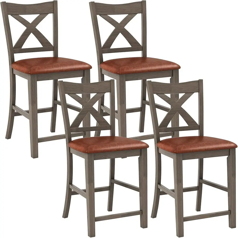 

Set of 4, 24 High Counter Stools with Rubberwood and Faux Leather Cushions for Modern Kitchen Island or Home Bar