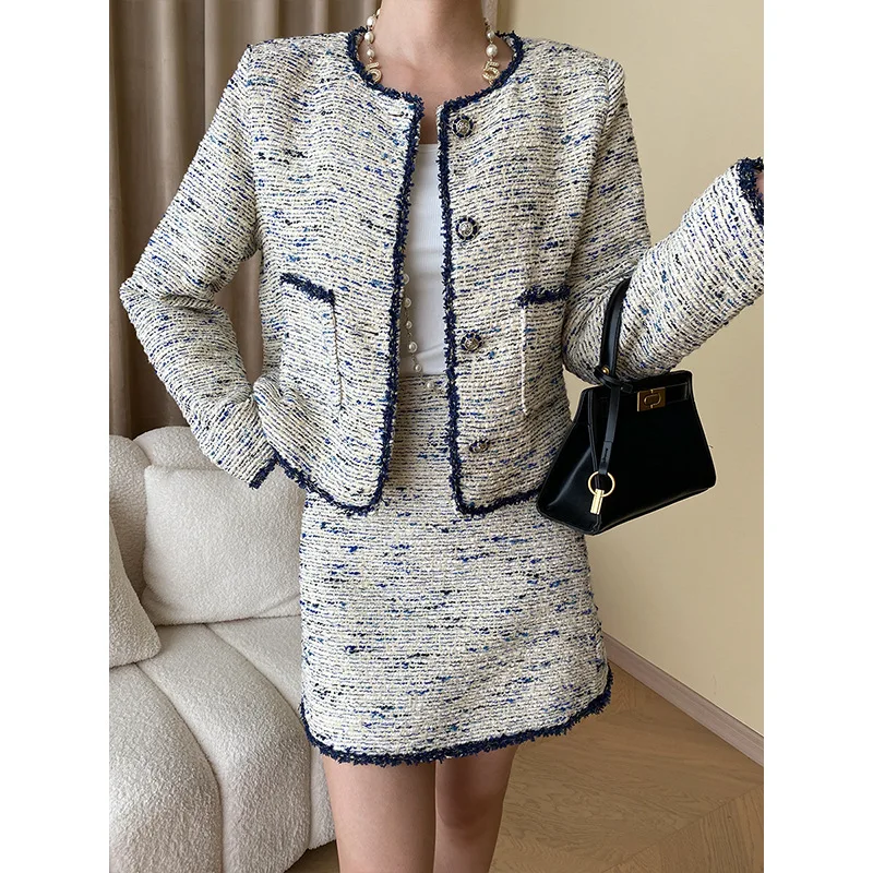 

French high-end sense early autumn high-end tweed small fragrant wind jacket half skirt two-piece suit