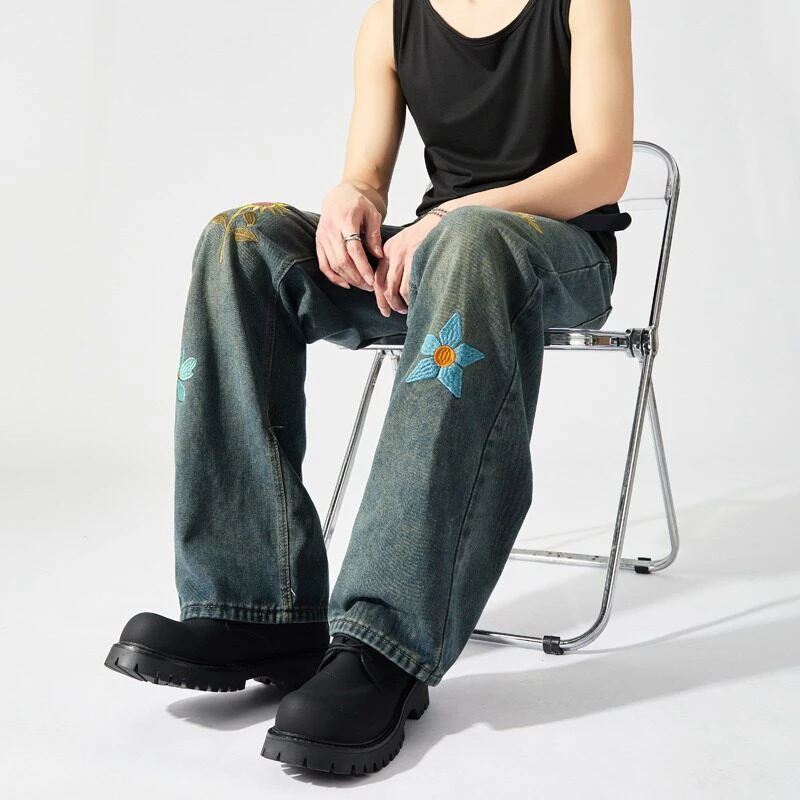 Whth nova moda masculina bordado lavagem reta solta calças jeans na moda verão casual de cintura alta perna larga jeans masculino 2a0190