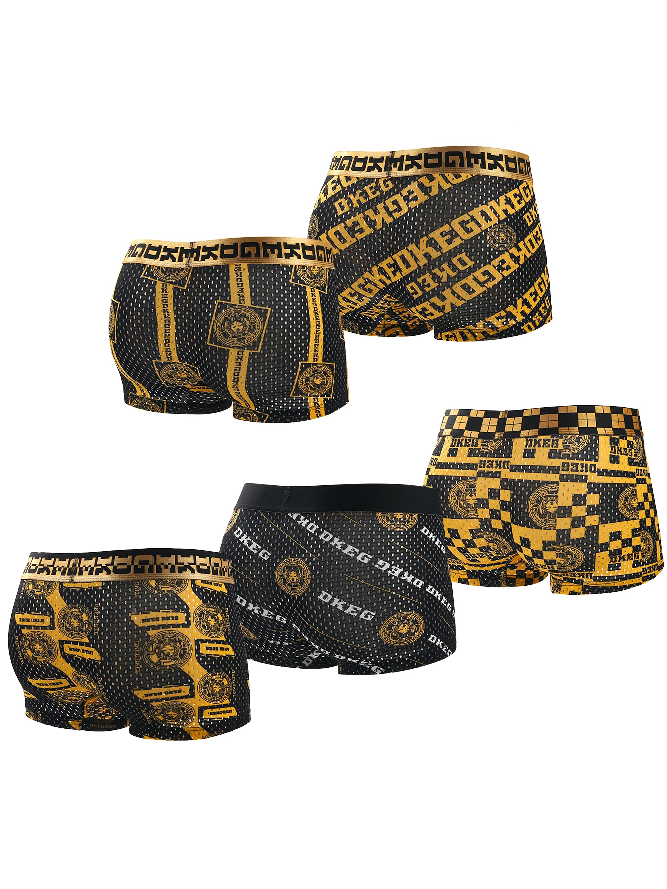 Men\'s underpants youth golden chain printed ice wire antibacterial breathable mesh boxers 5-piece package